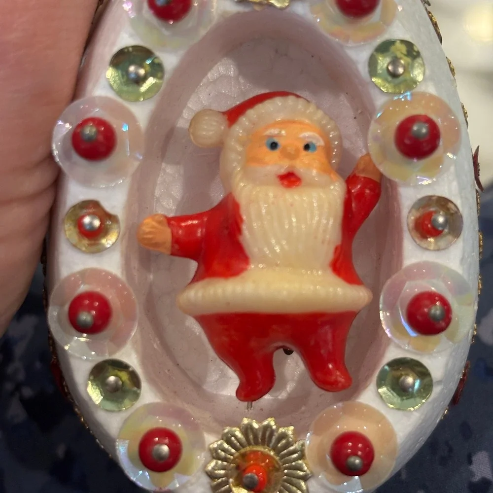 Vintage Diorama Santa Ornament White Egg Sequins Beads Retro